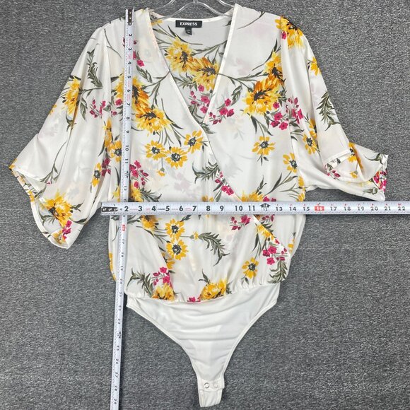 Express Bodysuit Womens Size XS Faux Wrap Boho Flowy Sheer Hippie Floral Office - Picture 8 of 10